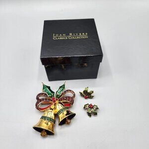 Joan Rivers Christmas Bell Brooch + Holly Clip On Earrings Gold Tone Enamel